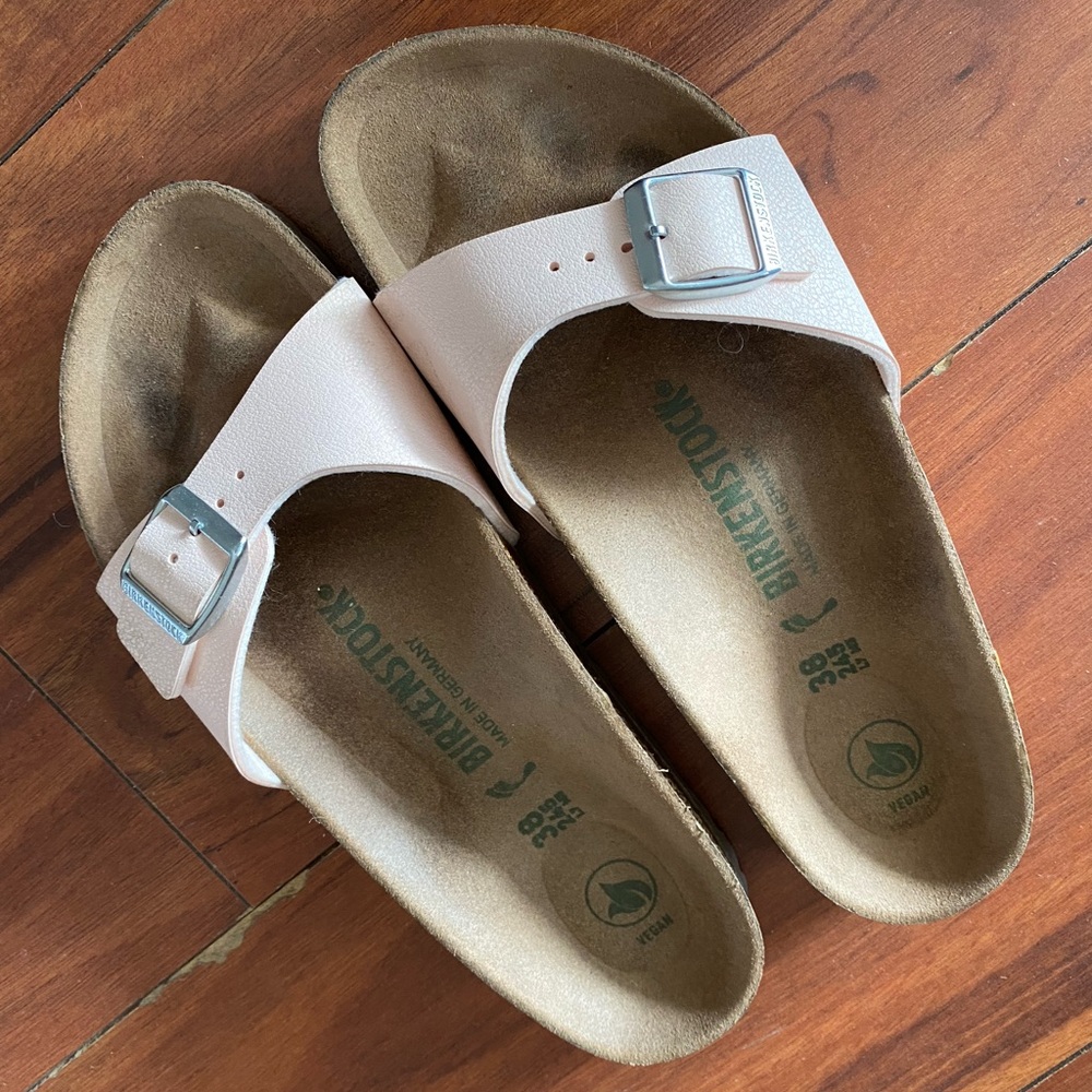 Birkenstock Single Strap Sandals in Light Pink with Silver Buckles